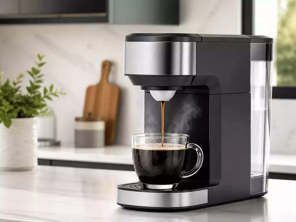 Sleek Cuisinart coffee maker brewing coffee with a pod, steam rising, in a modern kitchen setting