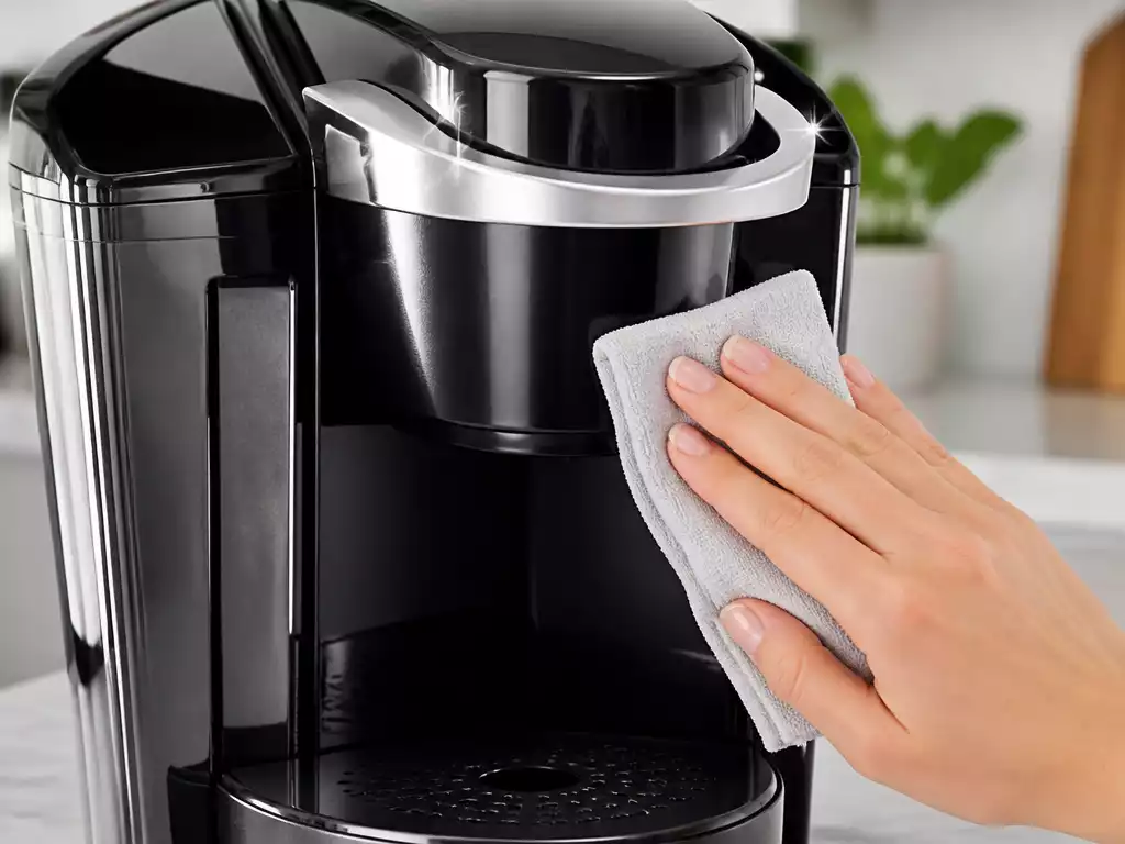 Close-up of a Keurig coffee maker being cleaned with a soft cloth, showing a sparkling clean surface