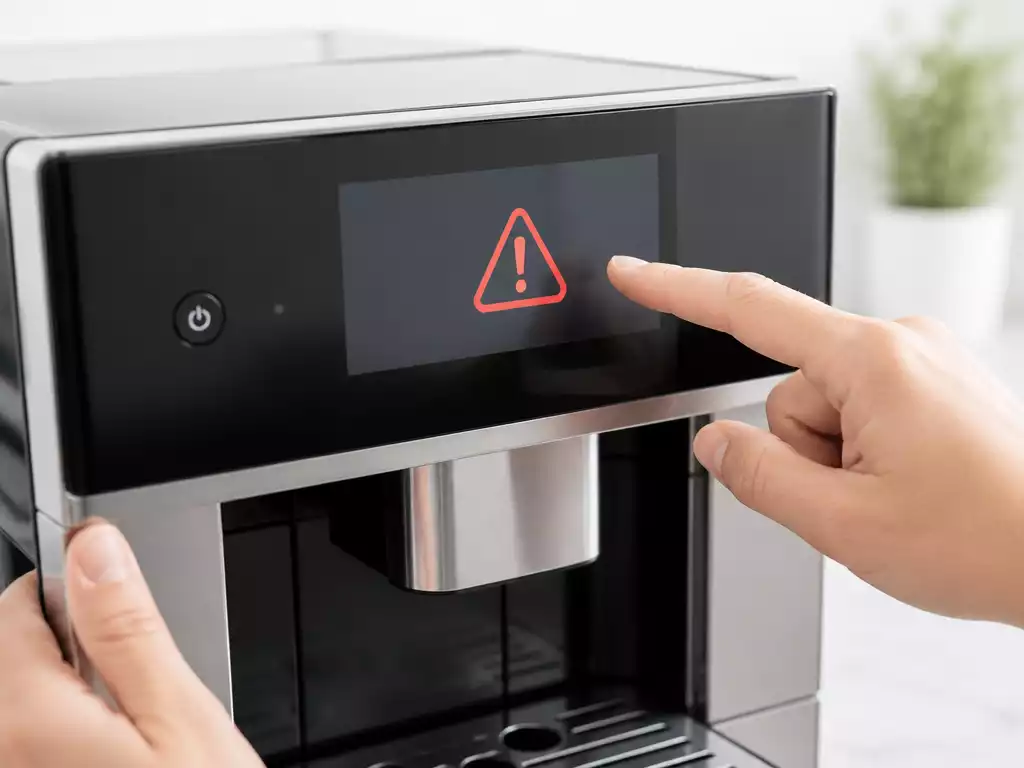 Close-up of a Miele coffee maker display showing an error message, with hands trying to troubleshoot