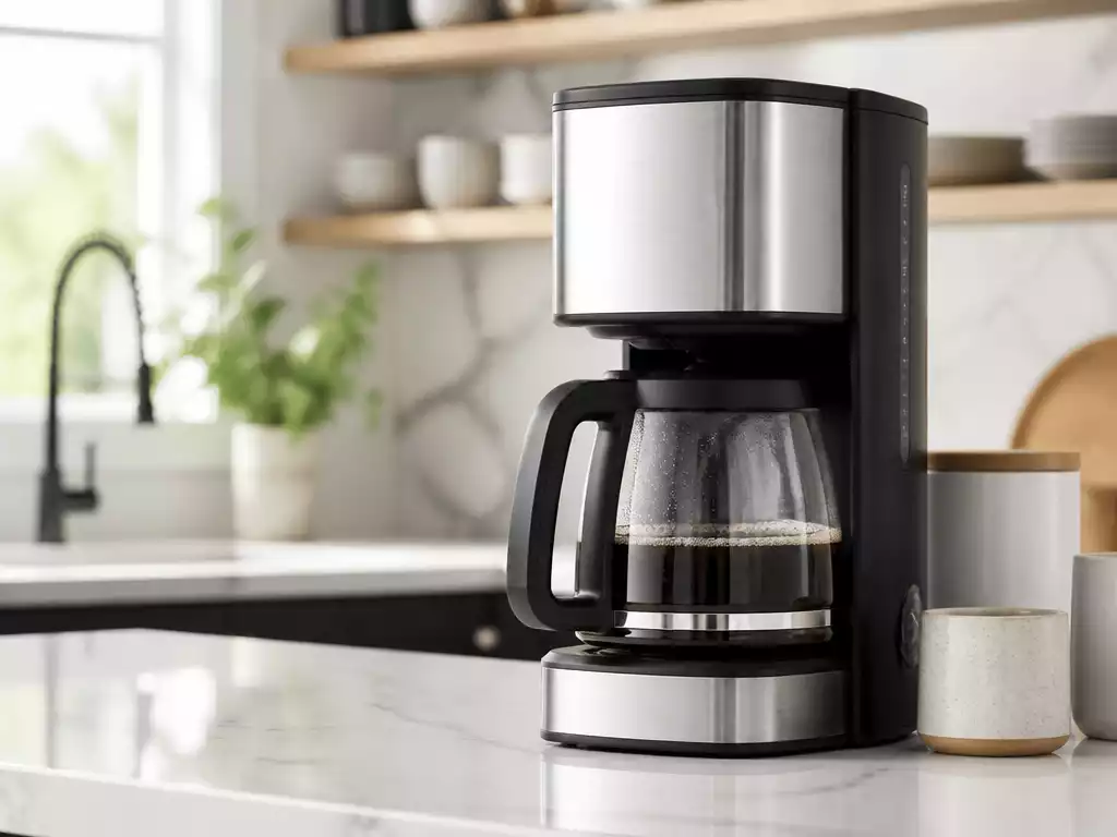 Modern Cuisinart coffee maker brewing coffee in a kitchen, natural light