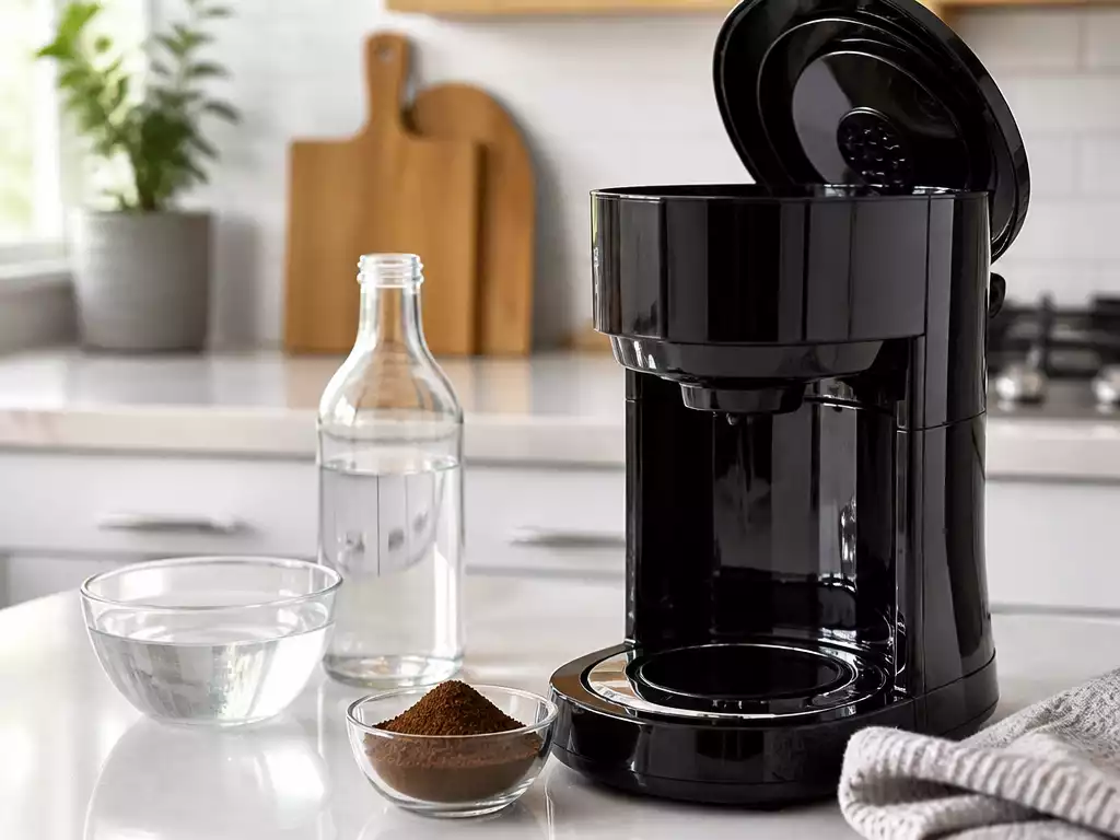 Coffee maker being cleaned with a vinegar solution, showing fresh coffee grounds and a sparkling clean interior