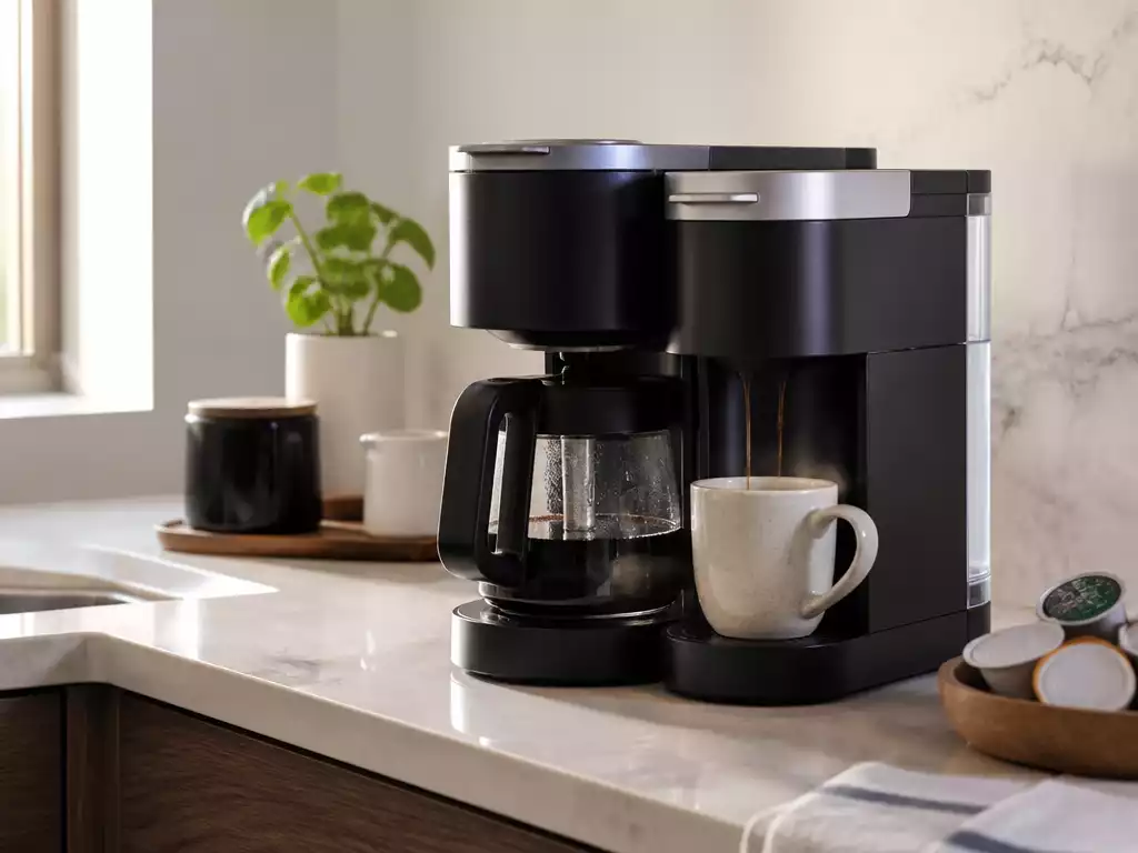 Keurig Duo coffee maker brewing coffee in a modern kitchen, highlighting energy efficiency and programmable settings