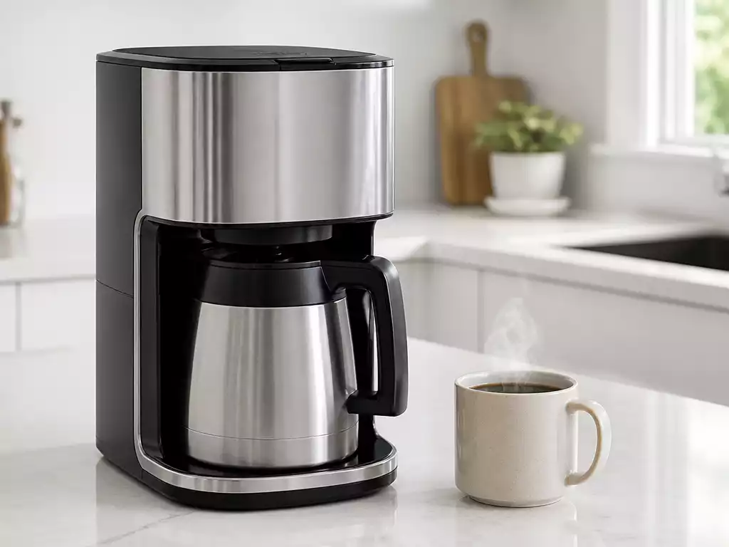 Cuisinart coffee maker with a thermal carafe, steam rising from a cup