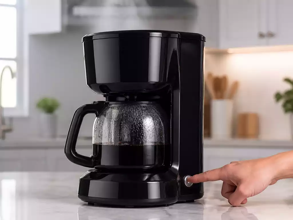 Mr. Coffee maker being reset by a hand pressing a button, with steam rising from the carafe, clean kitchen background
