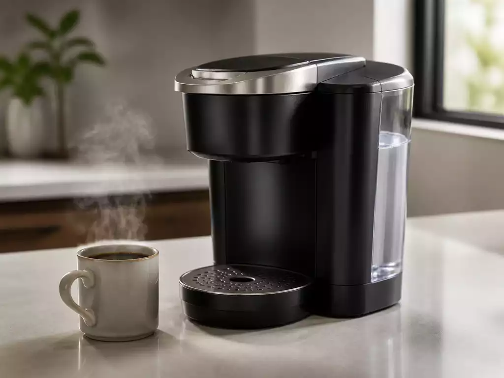 Keurig coffee maker on a kitchen counter with steam rising from a fresh cup of coffee