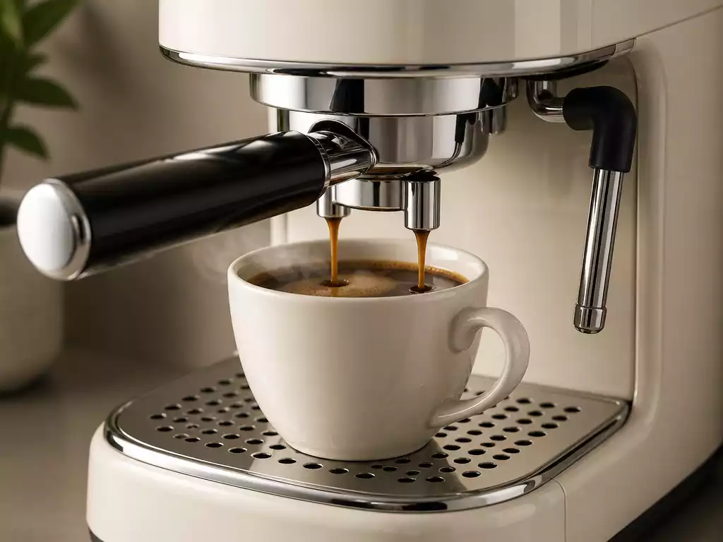 Close-up of a well-maintained Smeg coffee maker brewing a fresh cup of coffee, showcasing the brew unit and drip tray, with steam rising