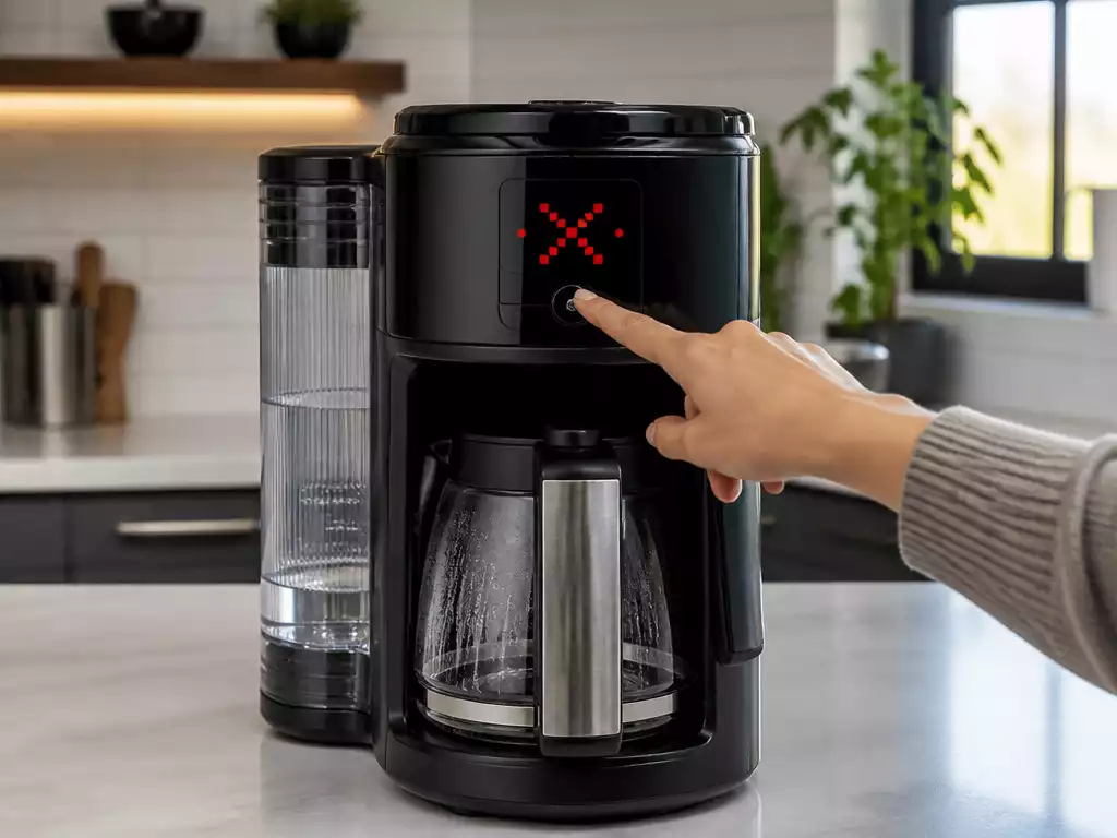Ninja Coffee Maker displaying an error code, with a hand reaching to press a reset button