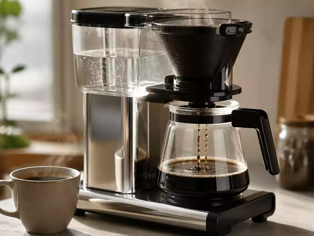 Close-up of a clean Moccamaster coffee maker brewing, steam gently rising, with a cup of fresh coffee beside it. The machine is gleaming, highlighting its clean components, no text, no words, no typography, no labels, clean image