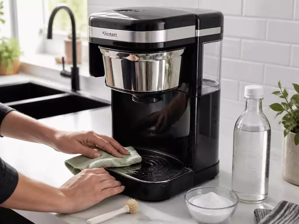 KitchenAid coffee maker being cleaned with natural cleaning products like vinegar and baking soda, soft cloths, and a small brush, with a focus on sparkling clean surfaces
