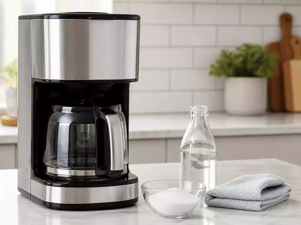 Cuisinart coffee maker on a clean kitchen counter with cleaning supplies like vinegar and baking soda