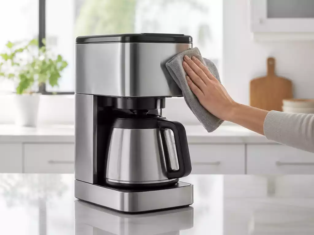 Wolf coffee maker being cleaned with a cloth