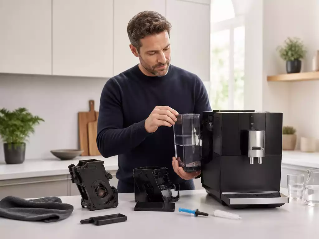 Person performing maintenance on a Jura coffee maker, cleaning components and checking water tank