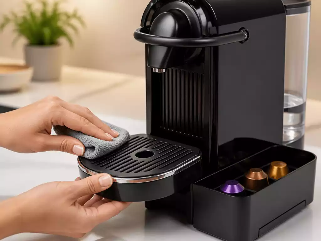Close-up of a Nespresso coffee machine being cleaned, with a focus on the drip tray and capsule holder, clean and modern kitchen background, no text, no words, no typography, no labels, clean image