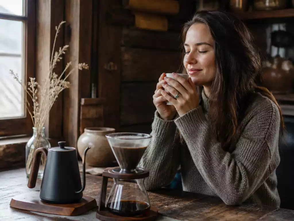Person enjoying a cup of coffee brewed with an alternative method in a rustic setting, sunlight, no text, no words, no typography, no labels, clean image