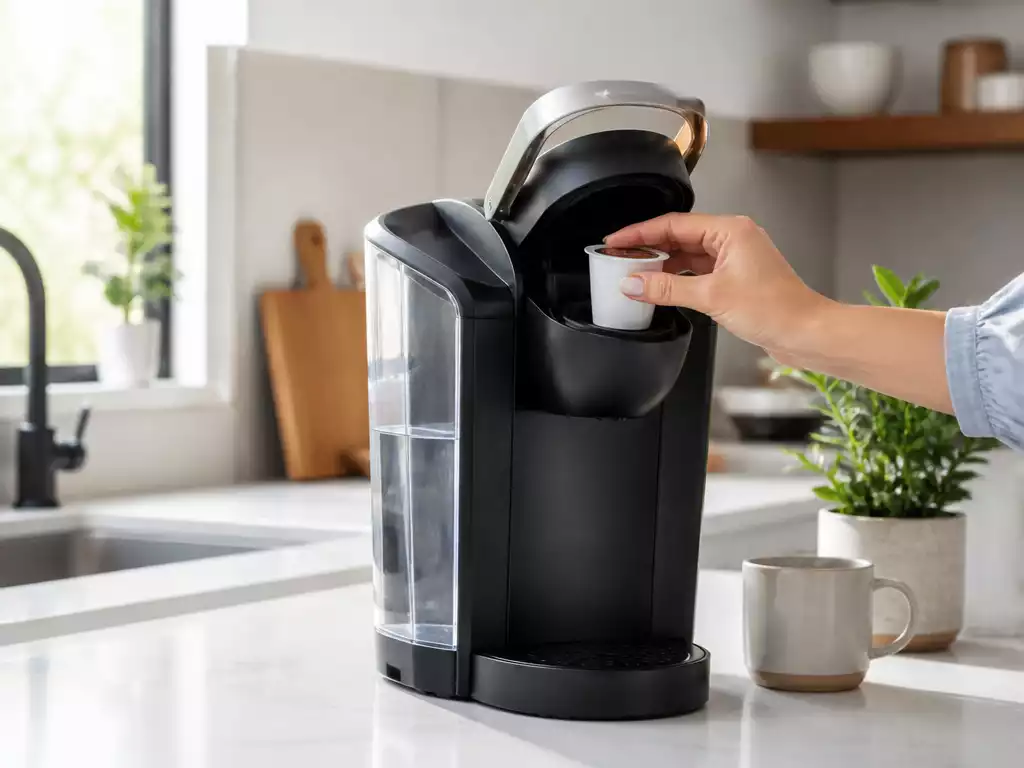 Keurig coffee maker on a kitchen counter, with a hand placing a K-Cup pod into the machine.