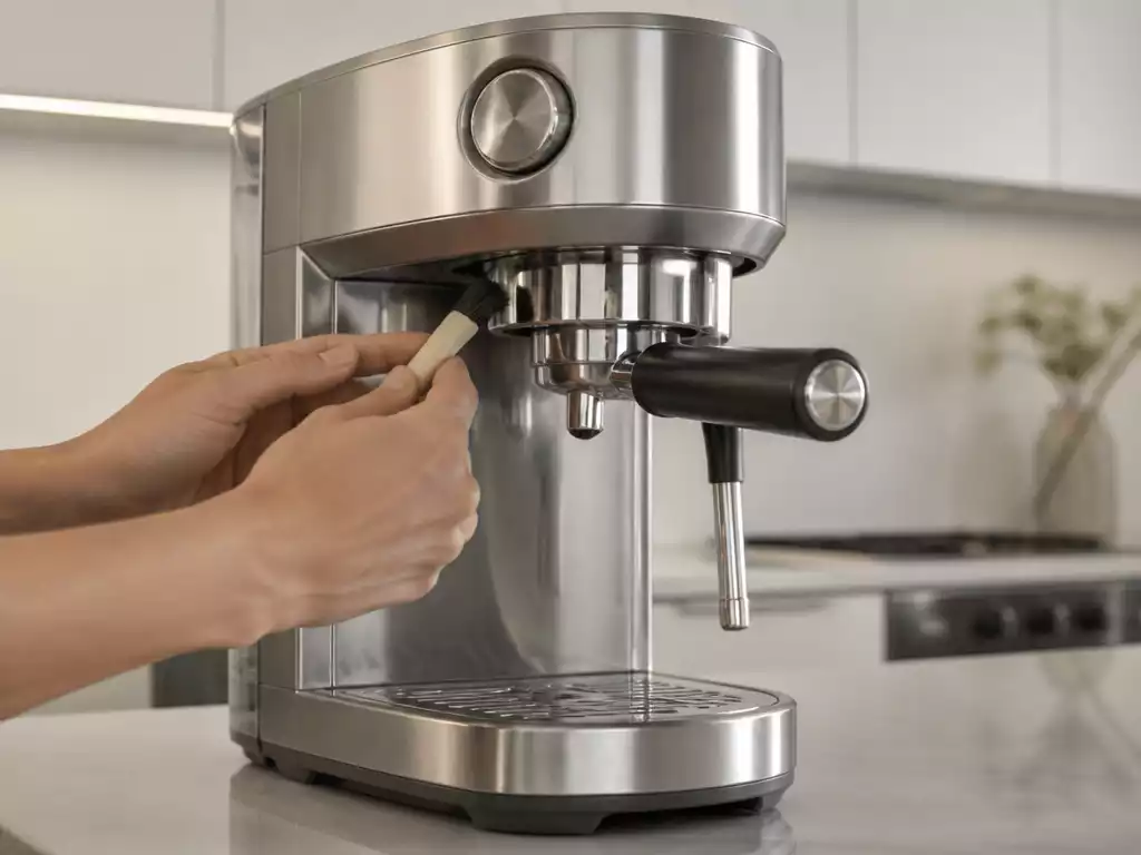 Breville coffee maker being cleaned with a brush