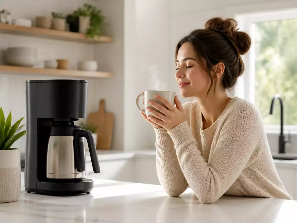 Person enjoying a perfectly brewed cup of coffee from a clean Ninja coffee maker, with steam rising