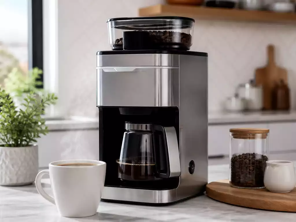 Modern Cuisinart Grind and Brew coffee maker with steam rising from a freshly brewed cup, in a bright kitchen setting