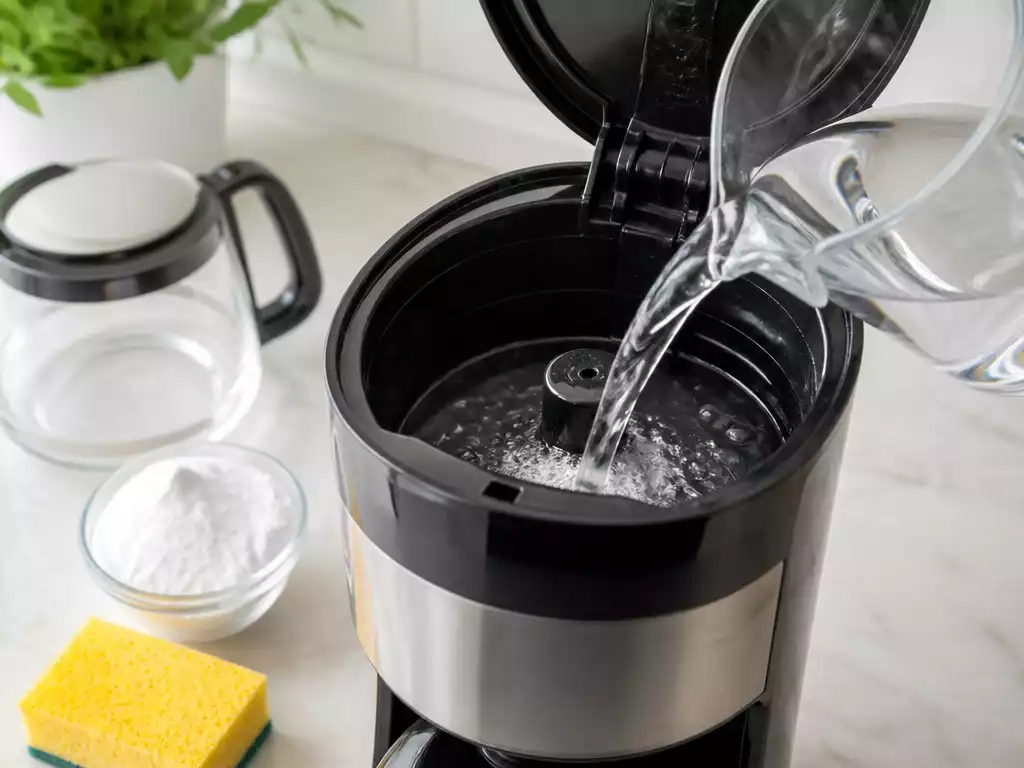 Close-up of baking soda and warm water being poured into a coffee maker, with a sponge and measuring cup nearby on a clean kitchen counter