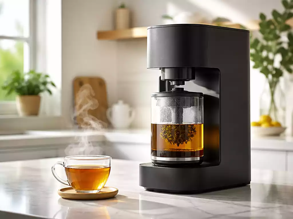 Modern coffee maker brewing tea, with steam rising from a cup of tea next to it