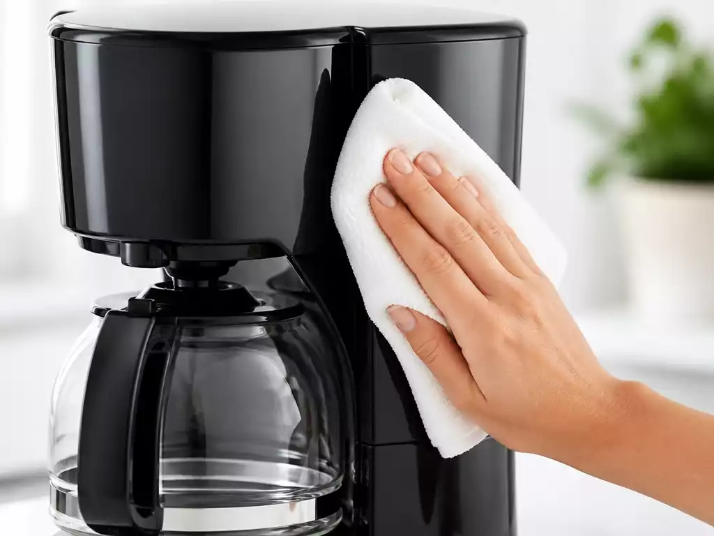 Close-up of a Mr. Coffee Maker being cleaned, with a hand wiping down the exterior, bright clean background