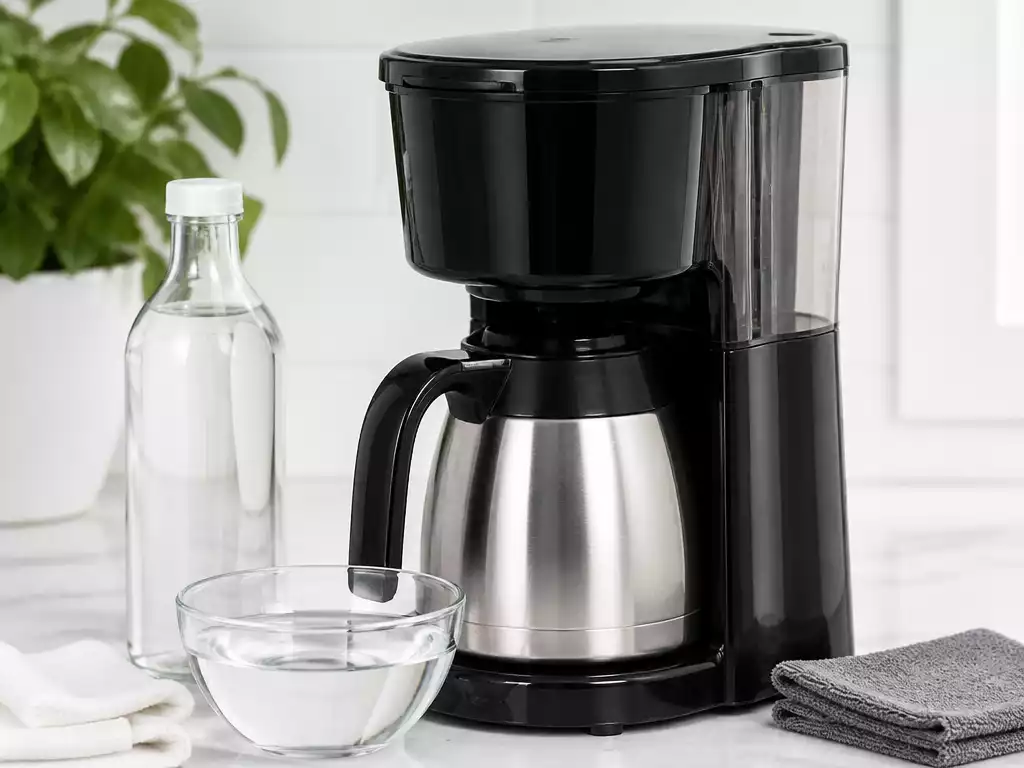 Bella coffee maker being cleaned with white vinegar and fresh water
