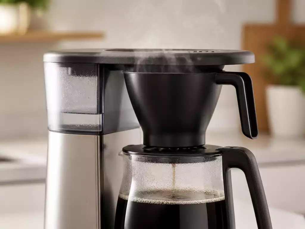 Close up of a Bonavita coffee maker brewing coffee, with steam rising, indicating proper function after troubleshooting