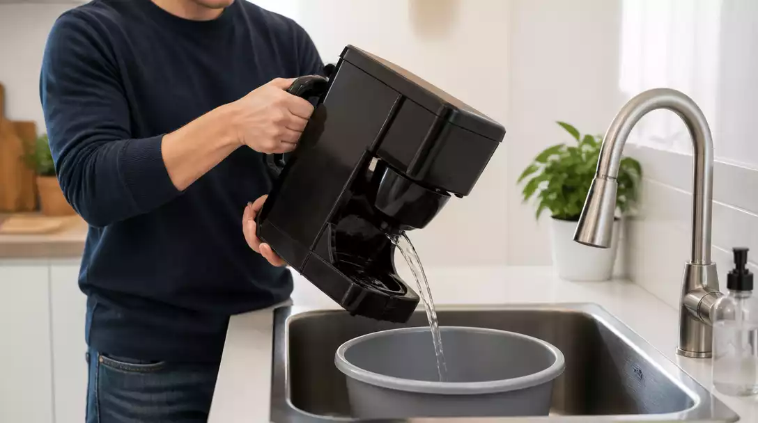 Person carefully tilting a Bunn coffee maker over a sink to drain water, with a basin underneath