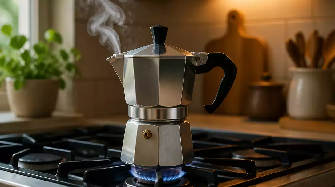 Bialetti coffee maker brewing coffee on a stovetop, steam rising, in a cozy kitchen setting