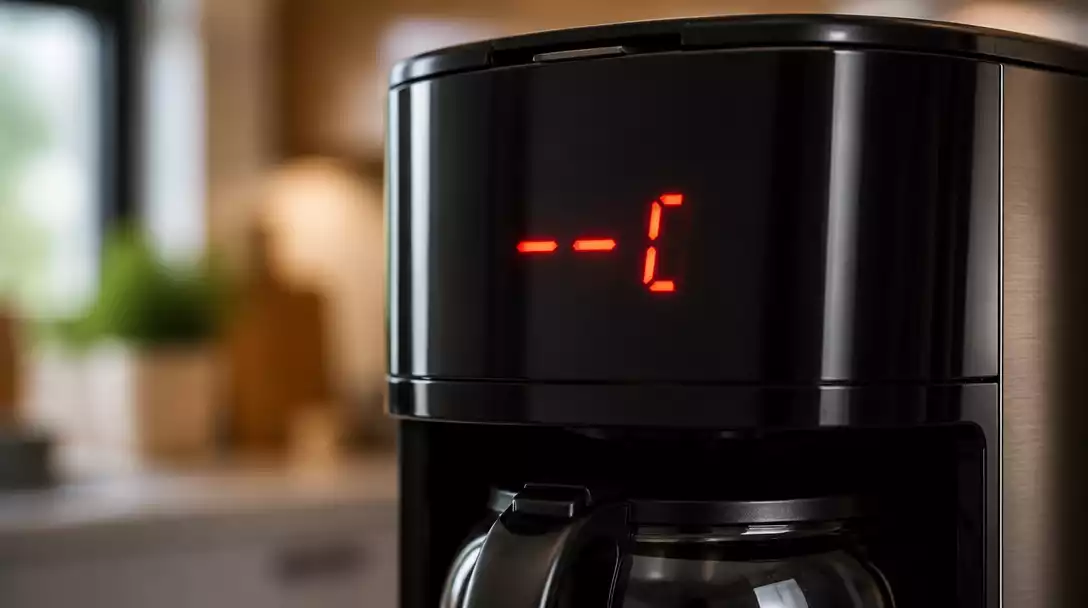 Close-up of a Ninja coffee maker display showing an error code, with a blurred background of a kitchen