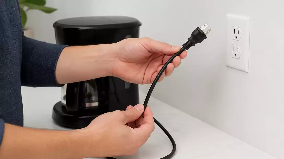 Person checking a Mr. Coffee maker power cord for damage