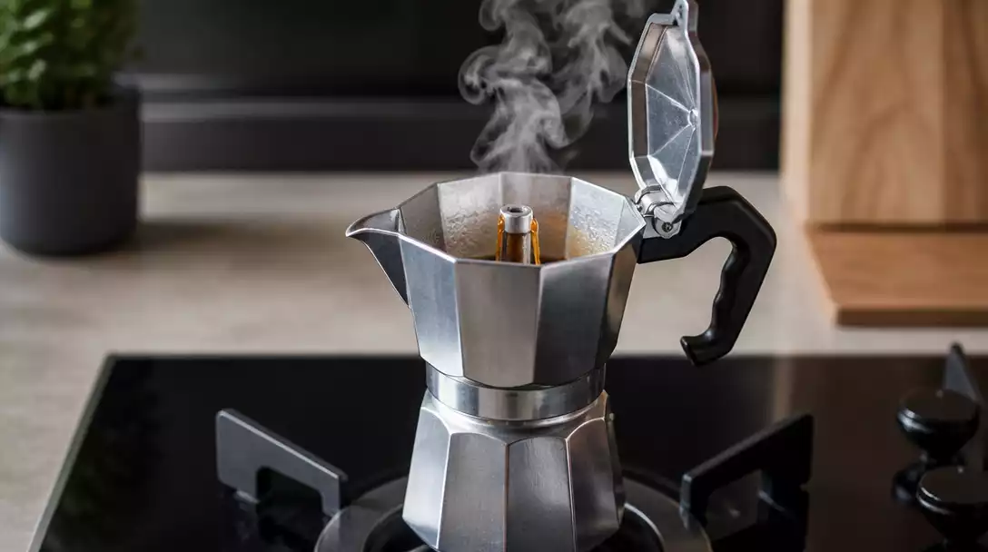 Modern Moka pot on a stovetop with coffee flowing into the upper chamber, steam rising, in a minimalist kitchen setting