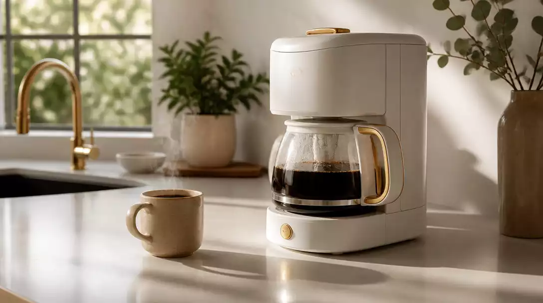 Drew Barrymore coffee maker on a kitchen counter with a cup of coffee ready