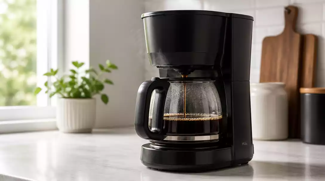 Modern drip coffee maker brewing coffee into a carafe, steam rising
