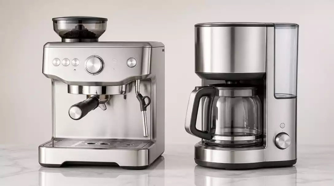 Side-by-side comparison of a Breville espresso machine and a Breville drip coffee maker