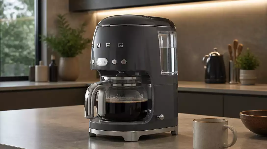 Smeg coffee maker with a full water tank and steam rising, showing a seamless brewing process in a modern kitchen