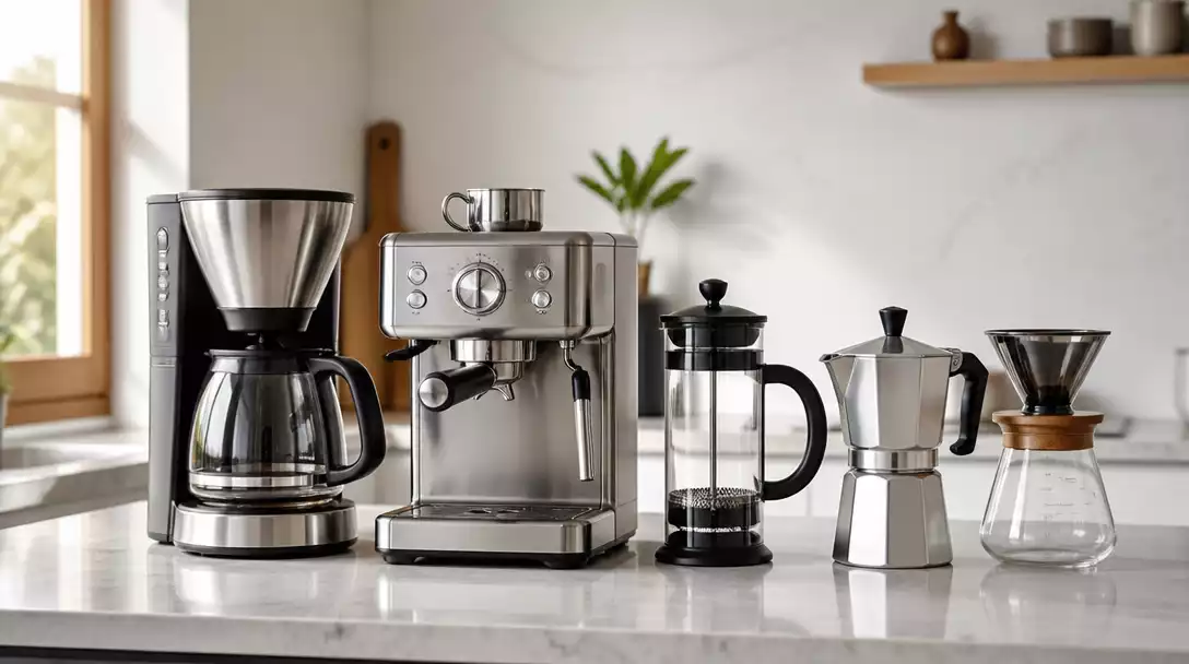 Several types of coffee makers on a kitchen counter, including a drip machine, an espresso machine, and a French press, all clean and ready for use.