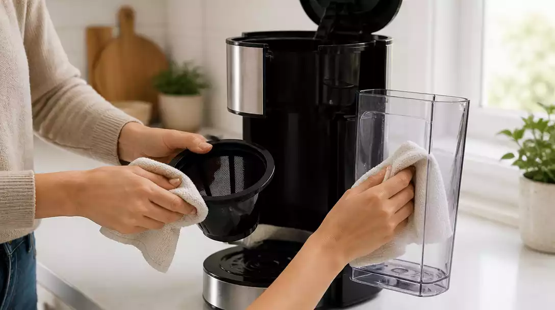 Person cleaning a coffee maker's brew basket and water reservoir