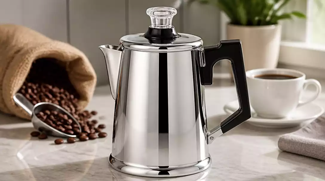 Sparkling clean percolator coffee maker ready for brewing, with coffee beans and a cup in the background