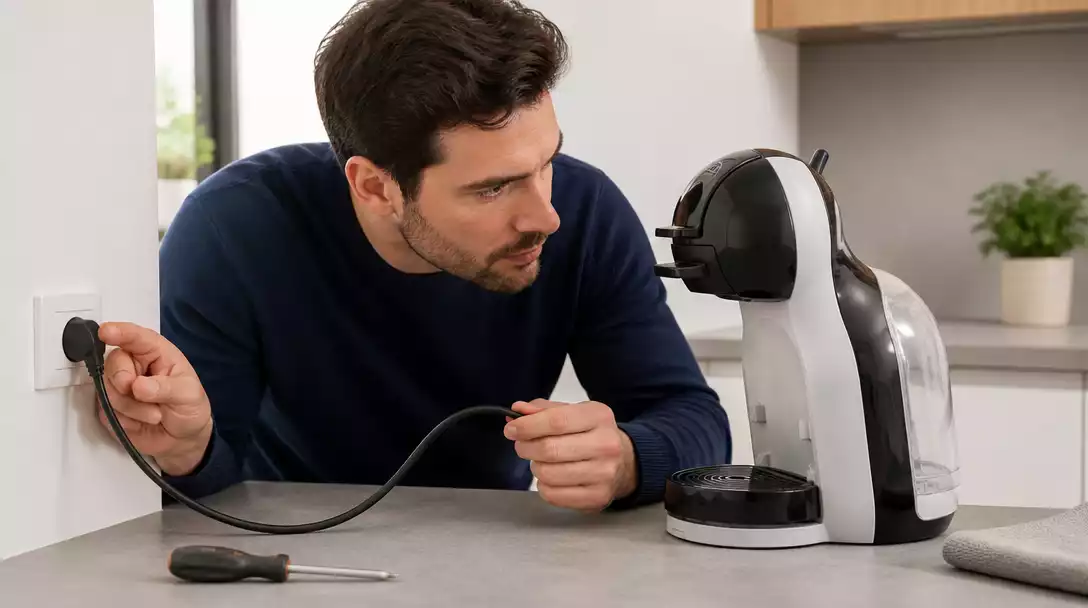 Person inspecting a Dolce Gusto coffee maker for electrical issues