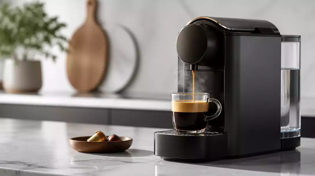 Modern Nespresso coffee maker brewing a cup of coffee