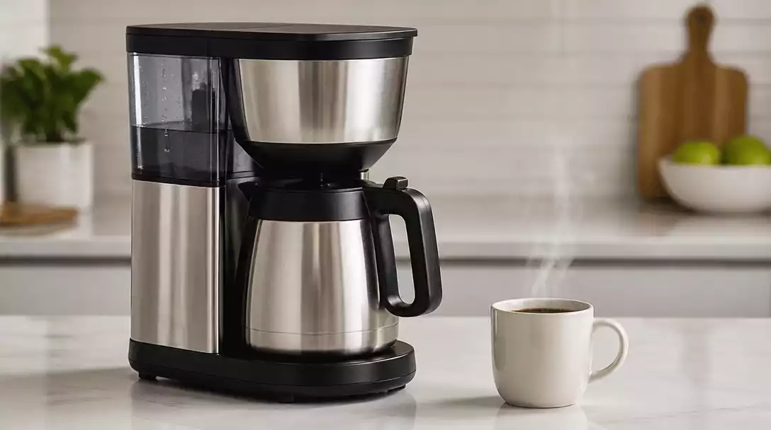 Clean OXO coffee maker with steam rising from a freshly brewed cup