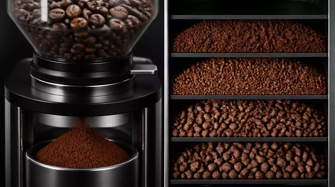 Close-up of fresh coffee beans being ground in a clean, modern coffee grinder, showing different grind sizes, no text, no words, no typography, no labels, clean image