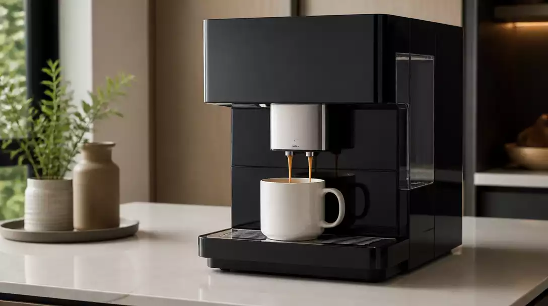 Modern Miele coffee maker brewing a cup of coffee