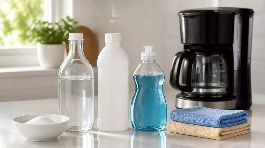 Assortment of coffee maker cleaning supplies like vinegar, descaler, dish soap, and cloths