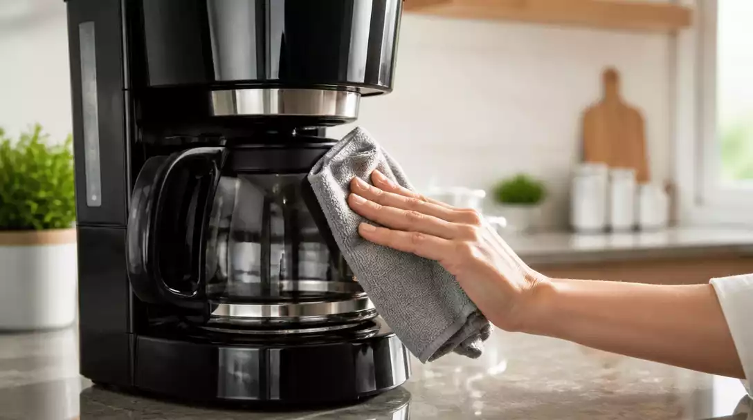 Krups coffee maker being cleaned with a microfiber cloth