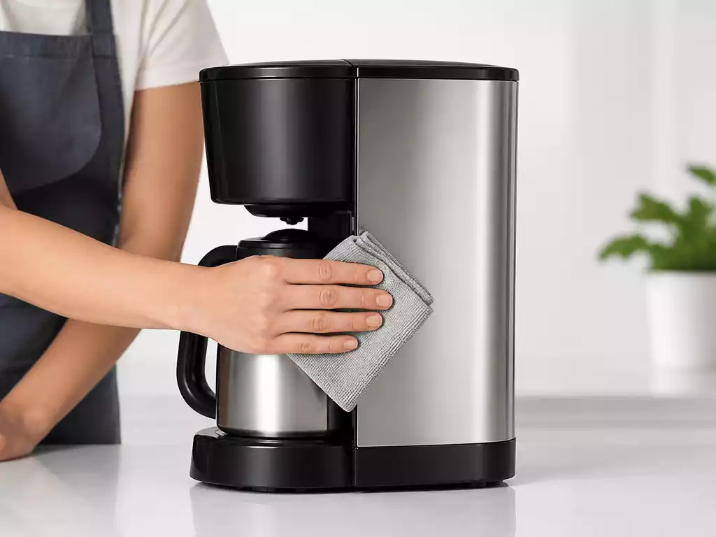 Person cleaning a Curtis coffee maker with a soft cloth
