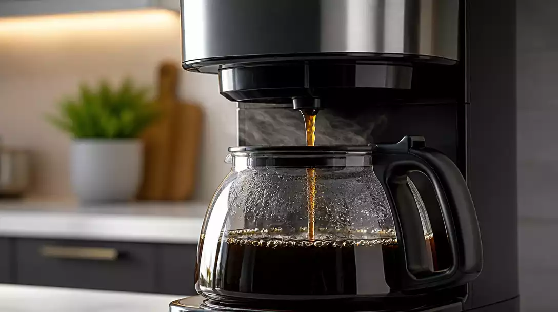 Close-up of a Bunn coffee maker brewing coffee into a carafe, steam rising