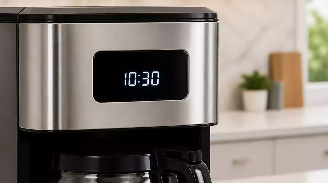 Close-up of a Cuisinart coffee maker's digital display showing the time
