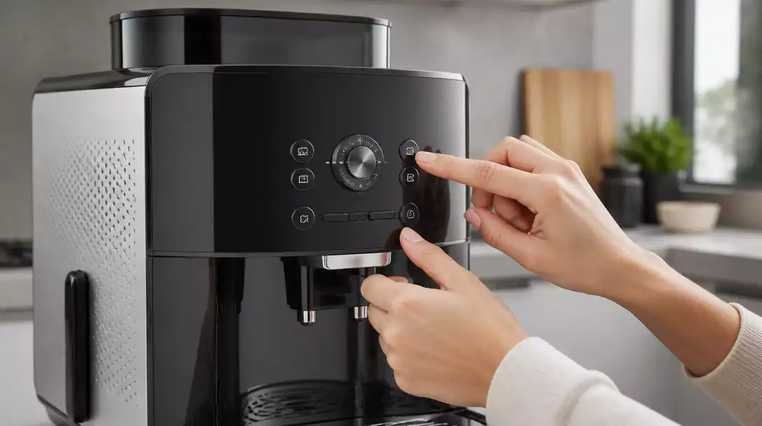 Person resetting a Krups coffee maker, close-up on hands and machine